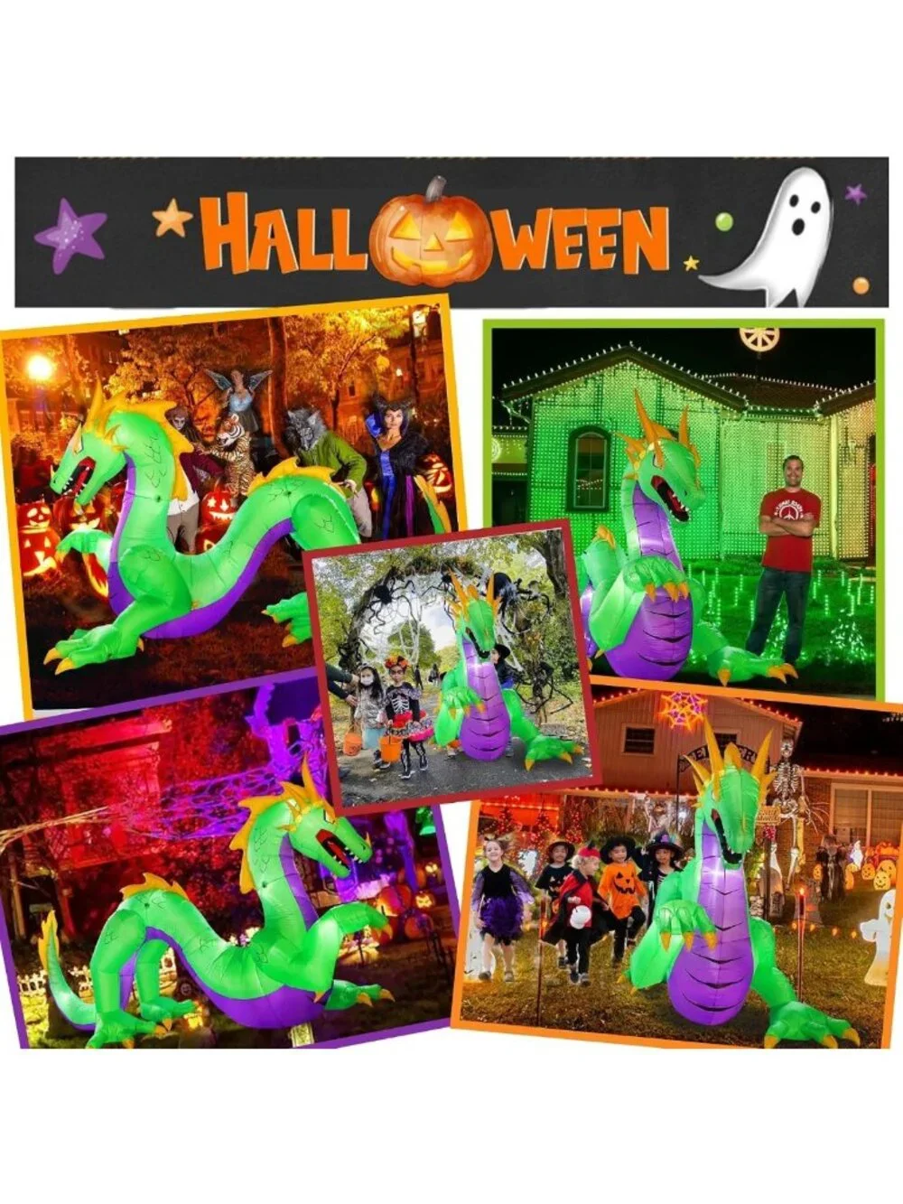 Giant 11FT Green Halloween Inflatable Dragon with 5 LED Lights for Outdoor Decor